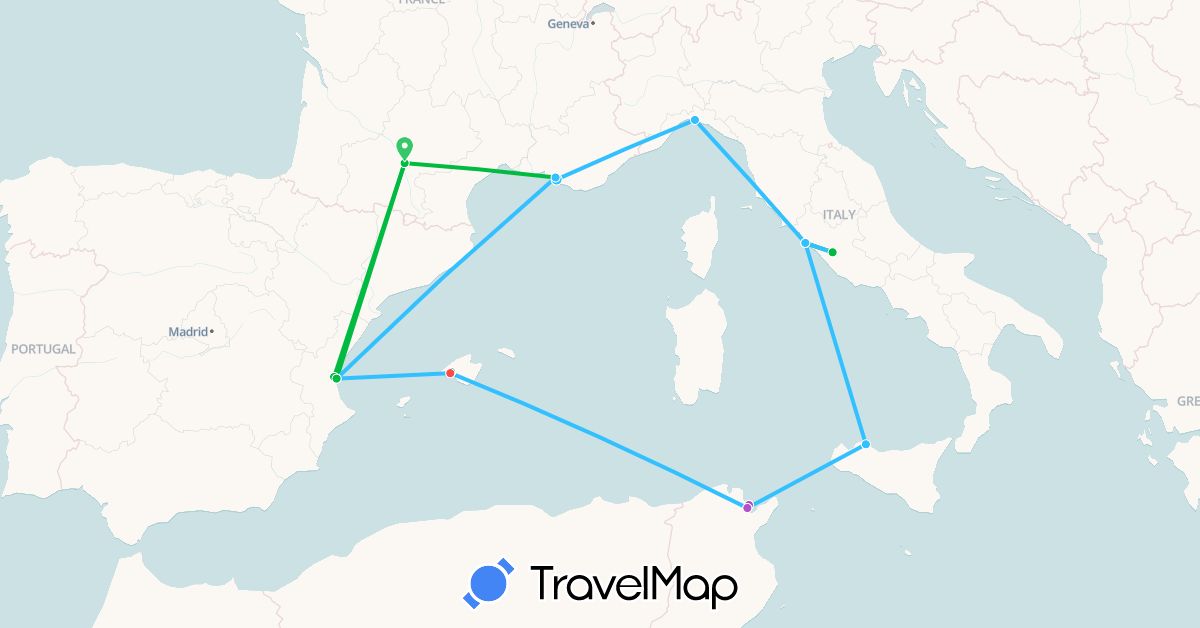 TravelMap itinerary: bus, train, hiking, boat in Spain, France, Italy, Tunisia (Africa, Europe)